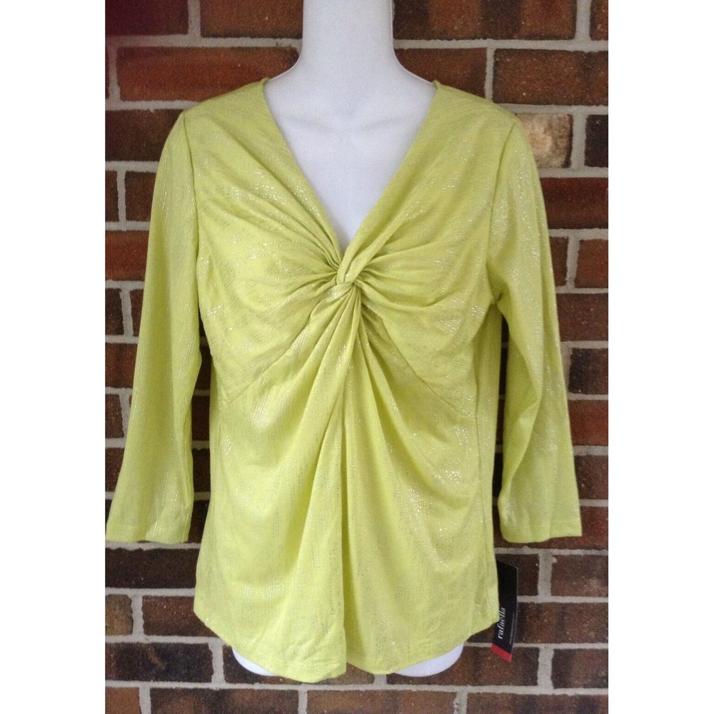 Rafaella Citrus Green Top Silver Sparkle 3/4 Sleeve Twist Stretch NWT Ladies Med